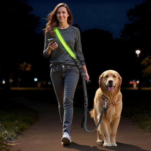 LED Freihandleine Hundeleine, Wiederaufladbar Joggingleine mit Autosicherheitsgurt für Kleine & Mittelgroße, Verstellbar Leine für Nachtsicherheit Spaziergänge (2,6 M)