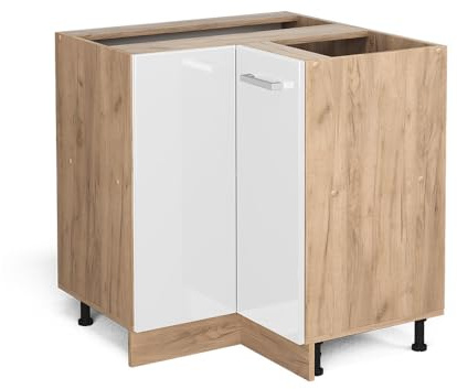 Vicco Eckunterschrank R-Line, Weiß Hochglanz, 75.6 cm | Verbindet zwei Küchenseiten · Ohne Arbeitsplatte · Höhenverst. Füße · 1 Einlegeboden · 1 Tür
