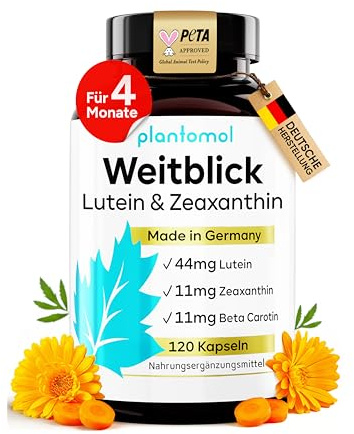 Lutein Zeaxanthin Kapseln - Augenvitamine hochdosiert mit 44mg Lutein + 11mg Zeaxanthin + 11mg Beta Carotin - 4 Monatsvorrat Augen Kapseln - Weitblick
