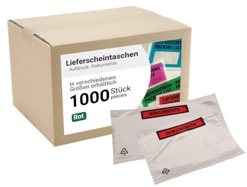 dm-folien Lieferscheintaschen C5 I 1000 Stück I Selbstklebende Versandtaschen mit Aufdruck I Rot-transparente Versandunterlagen für Dokumente I Versandzubehör aus PP