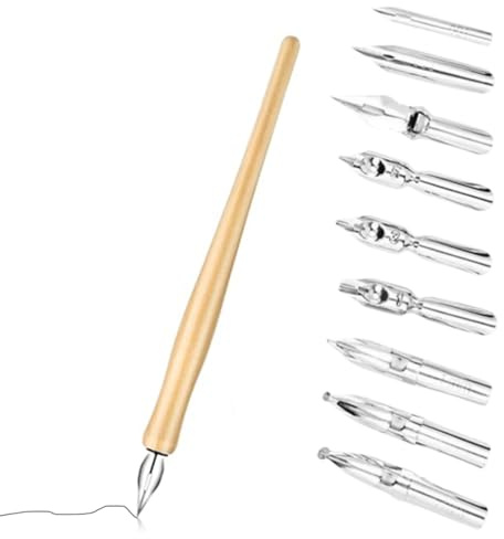 QOWIJEX Kalligrafie-Set – Federhalter mit 1 Dip-Stifthalter und 9 Federn für Zeichnen, Skizzieren und Kartographieren