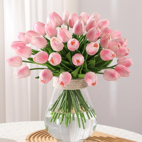 Veryhome Tulpen Künstlich Wie Echt Künstliche Tulpen Blumen Latexmaterial Real Touch Blumensträuße für Hochzeitszimmer Zuhause Hotel Partydekoration DIY Dekor （ Rosa - 20Stück ）