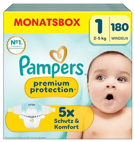 Pampers Premium Protection Größe 1, 180 Windeln, 2kg-5kg, unser Nr. 1 Haut- und Auslaufschutz