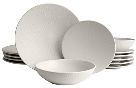 ECHTWERK 18-teiliges Vintage Tafelservice, Blanka Nature-Design, für 6 Personen, Stilvolles Geschirrset mit Struktur aus Steingut mit 6 x Speiseteller, 6 x Beilagenteller, 6 x Suppenteller, Creme
