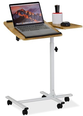Relaxdays Laptoptisch höhenverstellbar, rollbar, neigbare Tischplatte, Mausablage, HBT: 68 - 88 x 61 x 40 cm, braun-weiß