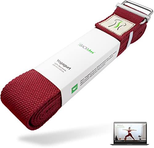 BACKLAxx Yogagurt aus 100% Baumwolle für Anfänger und Fortgeschrittene (rot) – Dehnband mit Metallverschluss [250 x 3,8 cm] – Yoga-Gurte Stretching Gurte für Yoga Straps