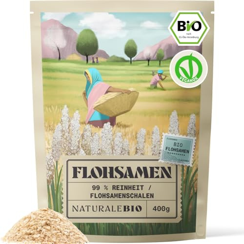 NaturaleBio Flohsamenschalen Gemahlen, 99% Reinheit, 400g natürliche Flohsamen Bio, Psyllium Samenschalen, Psyllium Husk, Naturbelassen, rein, Ballaststoffreich, Vegan, Getränken und Säften.