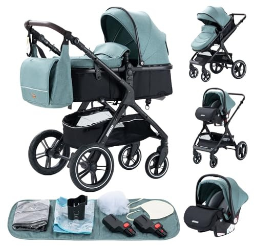 GLOKID Kinderwagen 3 in 1,Reisesysteme, Buggy mit Umkehrbarem Zwei-Wege-Schub,Babywanne Buggy&Sportsitz,Voll-Gummireifen,Mit Einem Klick Zusammenklappbarer,Zubehör,Tragbarer (LQL HX1 Grün)
