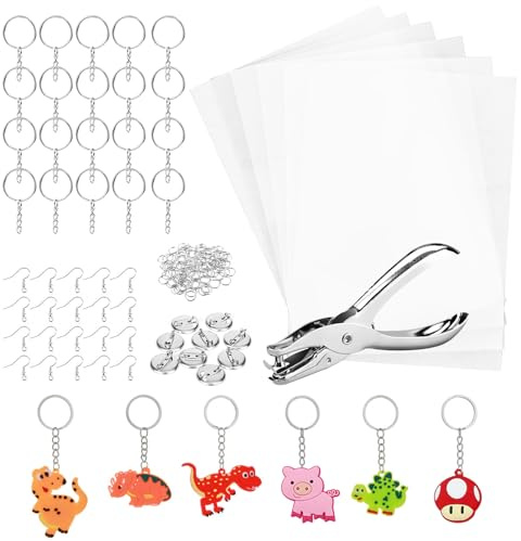 Gaethra 181 Stück Schrumpffolie Set, Schrumpffolie zum Bemalen, Schrumpffolien Set Nthält Schrumpfpapier, Schlüsselanhänger, Lochstanzer, Ohrhaken,Broschen und Offener Eisenring für DIY,Kunsthandwerk