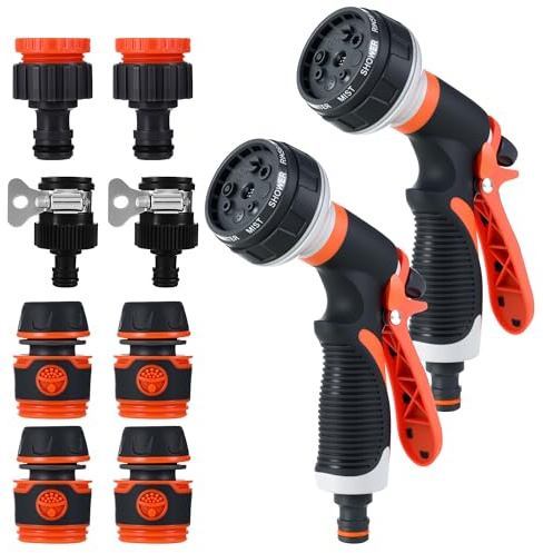 2 teiliges Set mit Gartenspritze, Garten Handbrause, 8 einstellbare Sprühmodi, Hochdruck Schlauchdüse, für Gardena Spritze geeignet, für Gartenbrause, Haustierbaden, Fahrzeugwäsche (orange)