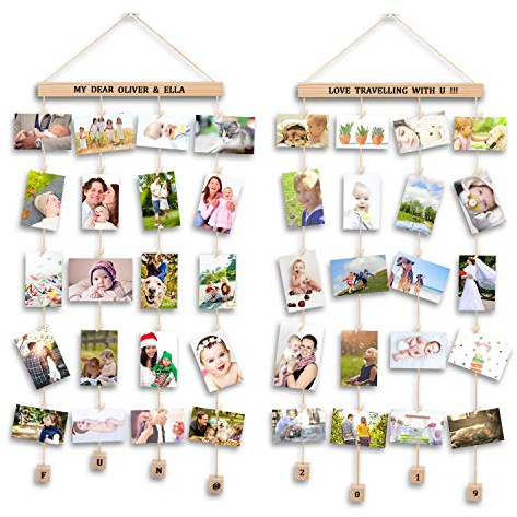 Uping Bilderrahmen Collagen, 2er Set Bilderrahmen Fotowand Mit 40 Kleinen Holzklammern und 5 Hanfseil für Wohnkultur (Mit Alphabet und Zahlenaufkleber)