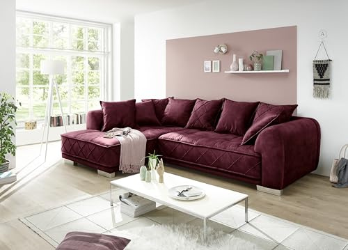 Stella Trading SENTINA Ecksofa in Samtoptik, Burgund - Moderne Eckcouch in L-Form mit universell stellbarer Ottomane & dekorativer Steppung - 319 x 73 (90) x 194 cm (B/H/T)