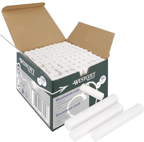 Westcott Kreide 100 Stück Weiss | Vorteilspack Tafelkreide mit 1,2cm ⌀ in deckendem Weiss | staubarm & leicht abwischbar | 8,5cm lange Kreidestifte | E-744986 00