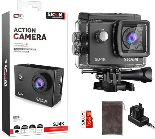 SJCAM SJ4000 Action Cam 4K30fps WiFi Unterwasserkamera,40MP Ultra HD 170°FOV mit EIS Bildstabilisierung, 30m/98ft Wasserdicht Sportkamera mit 2 Akkus, 32G SD Karte und Helmhalterung Zubehör Kits