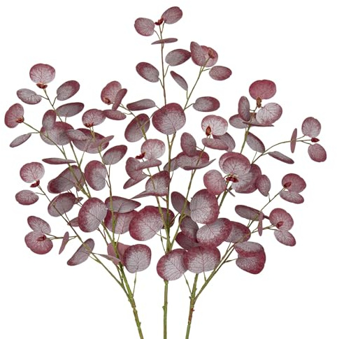 3er Set Künstliche Eukalyptus Zweige 81CM Kunsteukalyptus Lange Dekozweige Kunstpflanze Wie Echt für Blumengesteck Home Dekoration, Magenta Rote Blätter