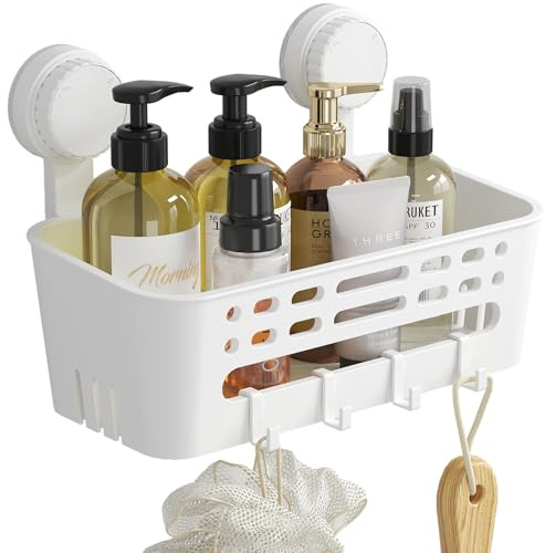 Lifewit Saugnapf Badregal, Duschablage Ohne Bohren, Kunststoff Bad Duschablage mit 4 Haken Duschregal Abnehmbar für Shampoo Conditioner Halter Duschkorb für Badezimmer Küche Organizer, 1 Stück