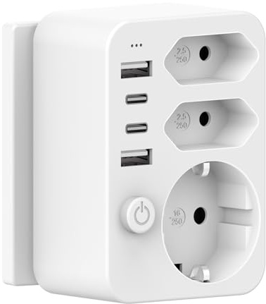 HANYEAL Mehrfachsteckdose mit USB Netzstecker,Doppelstecker für USB C Steckdose, Steckdosenadapter,Reiseadapter 4 USB (2×A + C) 3.4A Schnellladung, Sicherheitsschalter & LED – Kompakt für Reisen/Haus