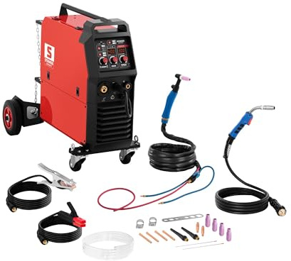 Stamos Germany 4-in-1 Kombi-Schweißgerät FCAW-, MIG/MAG-, WIG-Liftarc- und MMA-Schweißen mit bis zu 300 A 60% Duty Cycle 2T/4T Arc Force Anti-Stick 2 LED-Anzeigen Multischweißgerät