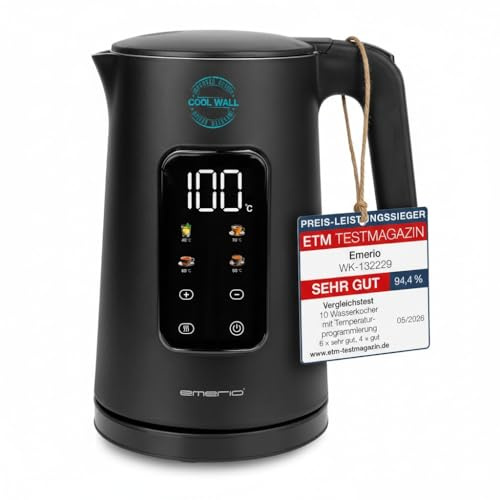 EMERIO Wasserkocher Edelstahl 1,7 L – Isolierte Doppelwand – Temperaturwahl 40–100 °C in 5 °C Schritten – Digitales Display mit Tee- & Warmhaltefunktion – 2200 W – Auto‑Off | WK‑132229
