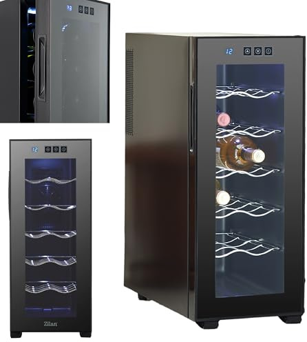 Zilan Weinkühlschrank freistehend leise 12 Flaschen 33 Liter LED Beleuchtung Weinkühler klein Weinklimaschrank Mini Kühlschrank Minibar mit Glastür