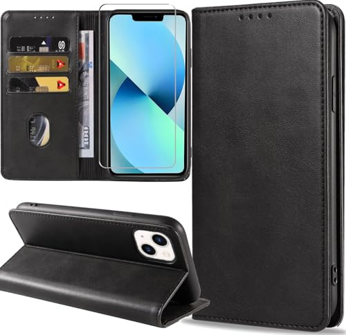 ZYIMOU Handyhülle für iPhone 13 Hülle mit Schutzfolie, Leder Schutzhülle Standfunktion Kartenfach Wallet Klapphülle iPhone 13 6.1 Zoll Flip Case Cover, Schwarz