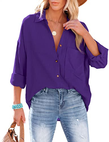 NONSAR Bluse Damen Lässiges Hemd mit V-Ausschnitt 100% Baumwolle Lockere Passform Solide Dickes Oberteil Elegant mit Tasche