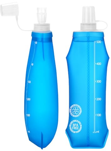 Euqvunn 2 Stück Faltbare Trinkflasche – BPA-frei TPU, Wiederverwendbare Soft Flask 500ML – Staubdicht und Auslaufsicher, Ideal für Laufweste, Laufen, Wandern, Camping, Radsport und Reisen