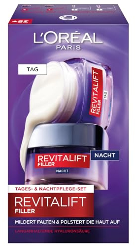 L'Oréal Paris Gesichtspflege Set, Anti-Aging Hyaluron Tagespflege und Nachtpflege gegen Falten, mit Micro-Filler Hyaluronsäure, Revitalift Filler, 2 x 50 ml