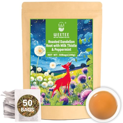 WEETEE Cleanse Teebeutel, 50 Stück Mariendistel mit geröstetem Löwenzahnwurzeltee und Pfefferminze, natürliche koffeinfreie Kräuterteebeutel für die Leber