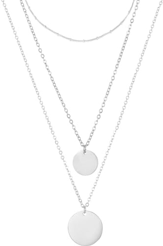 BONNYBIRD® Ketten Set Layering Kette Silber Damen Edelstahl mit Plättchen Anhänger Mehrreihig Multi Layer Halsketten Silberkette Frauen Lang Dreifach Boho Doppelkette Coin Wasserfest Schmuck