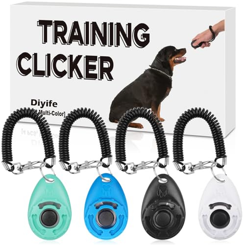 Diyife 4 Stück Hunde Clicker, Multi-Color Trainings-Clicker mit Handschlaufe, Klicker mit Großem Knopf, Hundeerziehung und Hundetraining, für Hund, Katze, Pferd (Cyan + Blau + Schwarz + Weiß)