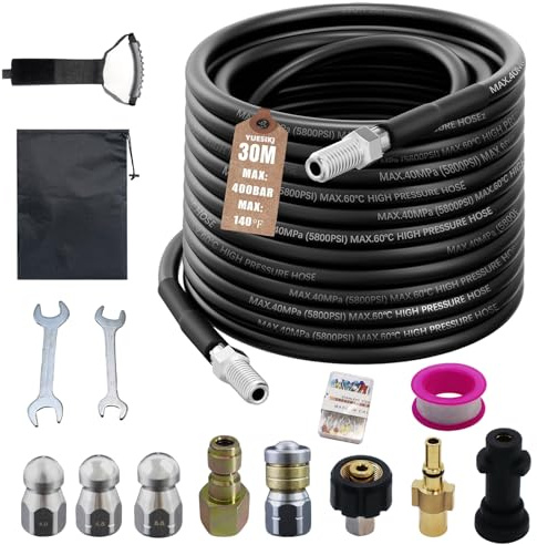 Rohrreinigungsschlauch Set 30m, 400 bar 140F, mit Adapter und Düsen, Universal Rohrreinigungsset, Kompatibel mit Kärcher k2-k7, Bosch Hochdruckreiniger, für Verstopfung und Reinigung des Abflusses