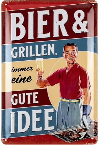 LANOLU Retro Blechschilder Grillen - BIER UND GRILLEN IMMER EINE GUTE IDEE - BBQ Grill Retro Deko - Grillplatz Schild Garten - Papas Grillecke Schild - Schilder mit Sprüchen, 20x30 cm
