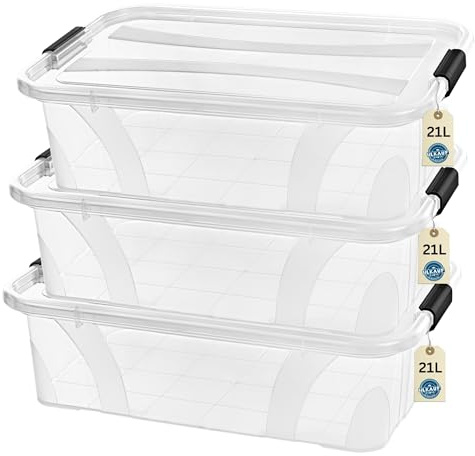 Aufbewahrungsboxen mit Deckel, 7L 14L 21L 32L 55L 80L Plastik Boxen Klickverschluss Stapelboxen 1er/3er Sets, BPA-frei, Transparent - Küche & Haushalt & Block (3er-Set 21-Liter & 1x HLKauf-Block)