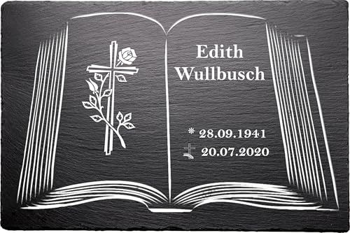 Urnengrabstein Buchmotiv mit Kreuz, Grabstein, Gedenkstein mit personalisierter Lasergravur, Naturschieferstein, 30 x 20cm 100% witterungsbeständig