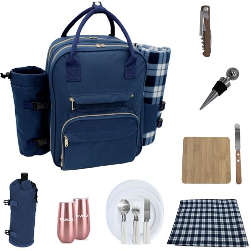Picknick-Rucksack für 2, isolierte Kühltasche mit Decke & Weinhalter