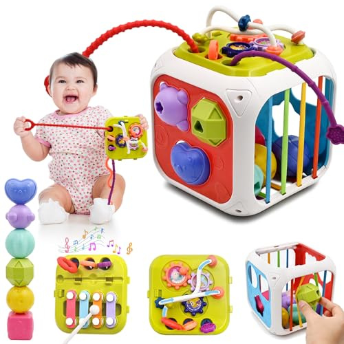 spielzeug ab 1 2 Jahr, 7 in 1 Montessori Babyspielzeug Motorikschleife Activity Center Motorikspielzeug Lernspielzeug Sensorik Sortierspiel Motorikwürfel kinderspielzeug für Junge Mädchen Geschenk