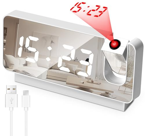KINGOZOYI Wecker Digital mit Projektion, Projektionswecker LED-Anzeige mit USB Ladegerät, Reisewecker Projektionsuhr für Schlafzimmer Büro Küche - Weiß, IE95-TYNZ