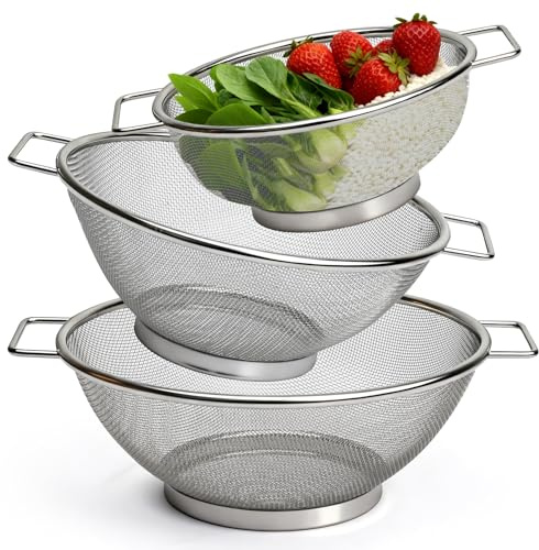 MOPUBZO Sieb 3er-Set aus Edelstahl, Mikroperforiertes Küchensieb mit Griffen, Abtropfsieb für Obst, Gemüse, Reis und Pasta, Metall Sieb, Ideal für Küche und Haushalt, 18/22/24cm