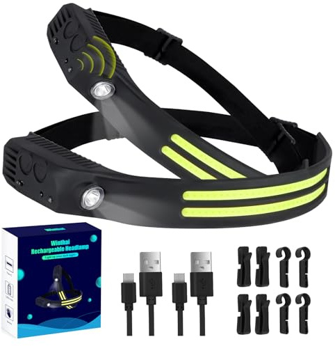 Winthai Stirnlampe Led Wiederaufladbar, 2 SuperHell 450 Lux Mit 5 Modi 1500mAh Kopflampe, 230°Ultra Weitwinkel Stirnlampe Led, 95g Licht IPX4 Wasserdicht, Ideal für Laufen Angeln Radfahren Camping.