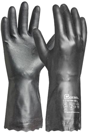 Gebol Carostar, 1 Paar Arbeitshandschuhe Herren, Chemikalienschutz-Gummihandschuhe, Putzhandschuhe mit Baumwoll-Beflockung & Waffelmuster, Säure- & Ölbeständig, Gr. M (Gr.8), Schwarz