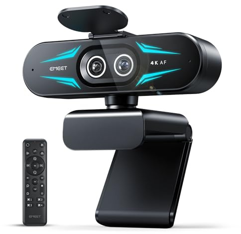 EMEET C60E Dual-Kamera-4K-Webcam für Streaming, Weitwinkel- und Teleobjektiv, bis zu 11-facher Hybrid-Zoom & PDAF-Autofokus, Fernbedienung, RGB-Beleuchtung, 2 Mikrofone, ideal für Livestreaming