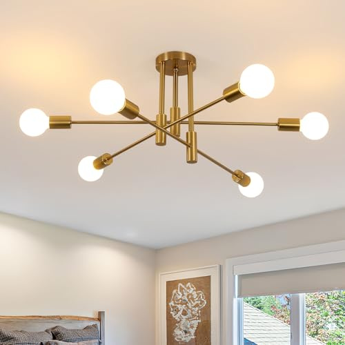 Comely Deckenleuchte Vintage E27 6 Flammig Sputnik Kronleuchter Gold 72CM | Verstellbarer Winkel, Industrielle Deckenlamp für Wohnzimmer Schlafzimmer Esszimmer Flur