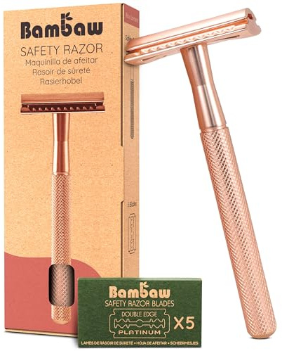 Bambaw Rasierhobel Damen mit 5 Ersatzklingen, Metall Rasierer Damen Sicher & Wiederverwendbar, Rasierhobel Frauen Für Eine Sanfte & Präzise Rasur, Geeignet für Alle Hauttypen (Roségold)