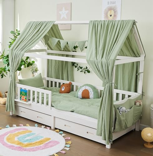 ALAVYA HOME® Hausbett Himmel Deko Set 3-TLG – 2 Betthimmel + Wimpelkette, GOTS Bio-Musselin Baumwolle, Kinderzimmer Himmel für Mädchen & Jungen, 125x350cm, Khaki