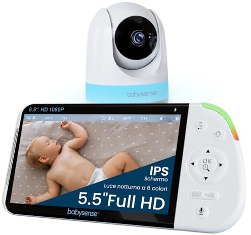 Babysense Full HD Split-Screen-Babyphone mit 1 Kameras, Nachtlicht in 6 Farben, Geräusch- & Lichtmaschine, 20-Stunden-Akku, abhörsichere Verbindung ohne WLAN