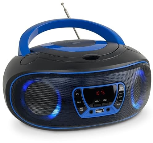 Denver CD-Player mit Radio, Bluetooth und USB, Blau | CD-Player mit Radio und Bluetooth: USB-MP3, AUX, 2 × 2 W RMS, LED-Beleuchtung, Netz- oder Batteriebetrieb