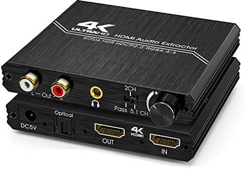Tendak HDMI 2.0 Audio Extraktor - 4K Splitter zu Optisch Spdif Toslink, 3,5mm AUX Stereo Cinch L/R Konverter Mit Lautstärkeregler - Unterstützt 4K@60Hz, HDCP 2.2, HDR, 3D, YUV 4:4:4