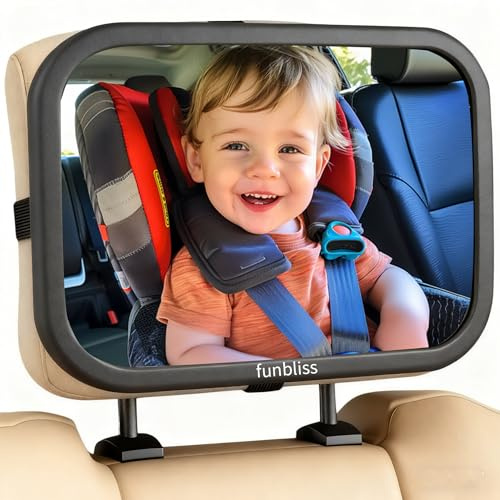 Funbliss Baby Spiegel Auto, 360° Drehbar für Einfache Anpassung,Bruchsicheres Acrylglas, Robuste Gurte, Einfach Montieren, Autospiegel Baby Rückbank
