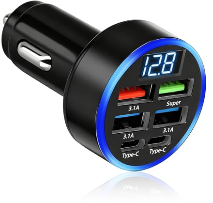 Auto USB Ladegerät 50W, 6-Port Zigarettenanzünder Adapter USB-C Schnellladegerät 12V-24V für Smartphone, Tablet, Android, iPhone, Samsung